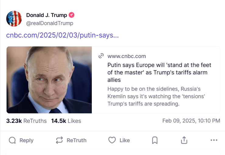 Дональд Трамп, Владимир Путин, Трамп и Путин, Трамп репостнул заявление Путина, Трамп репостнул заявление Путина