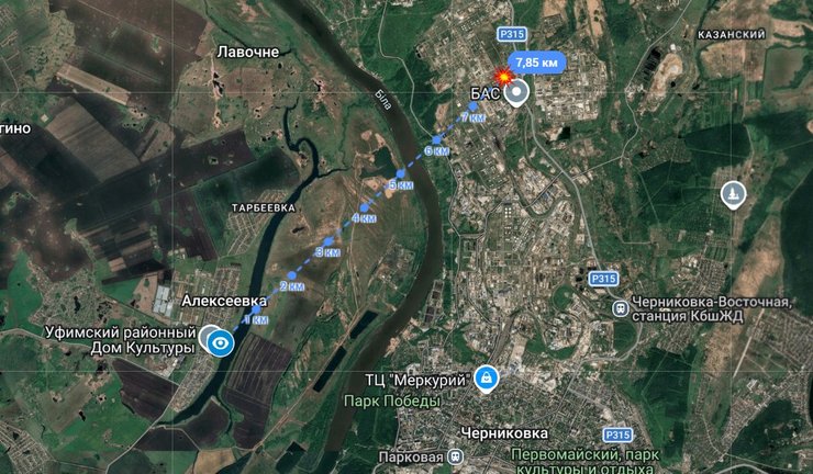 Карта геолокації диму над АВТ-5 НПЗ в Уфі 2 квітня