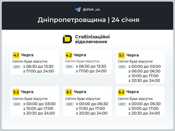 Графіки відключень світла в Дніпропетровській області на 24 січня