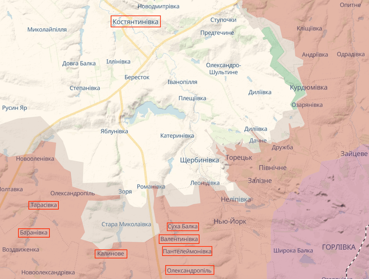 Карта боевых действий с направлениями российского наступления на Константиновку