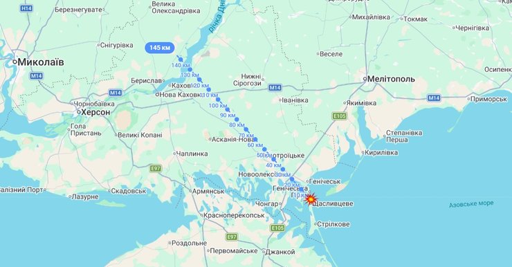 карта с точкой попадания в Генической Горке 21 мая