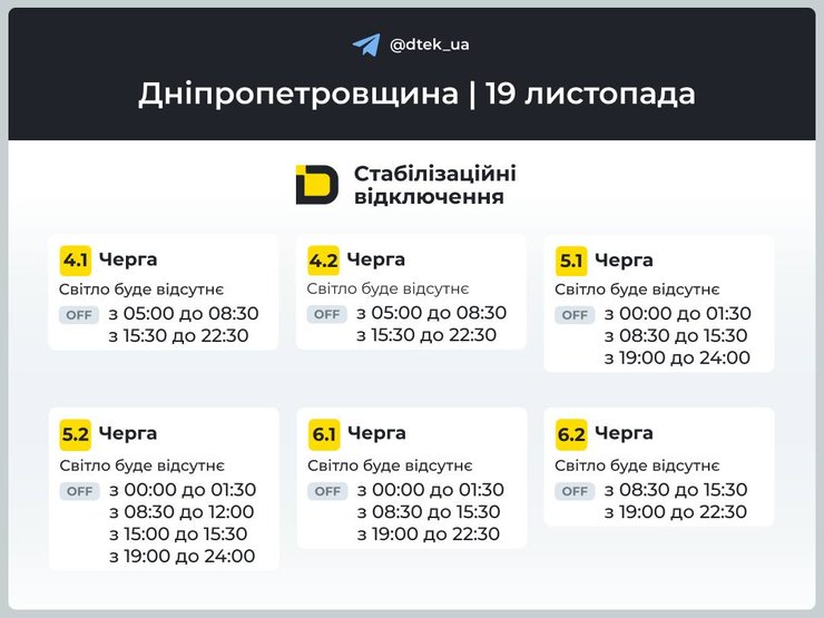 графики отключений днепропетровщина 19 ноября