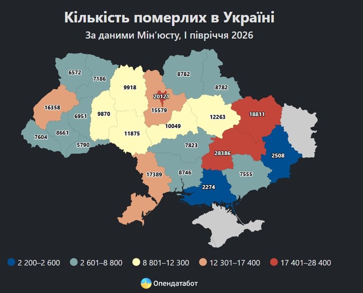 Кількість померлих в Україні за 6 місяців 2026 року