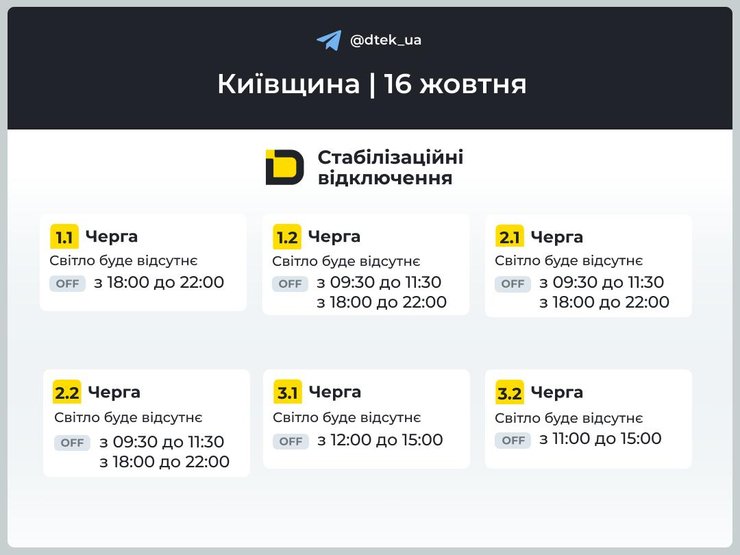 Графік відключення світла у Київській області