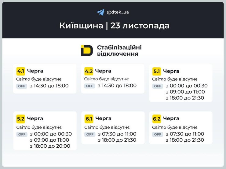 Отключение света в Киевской области на 23 ноября