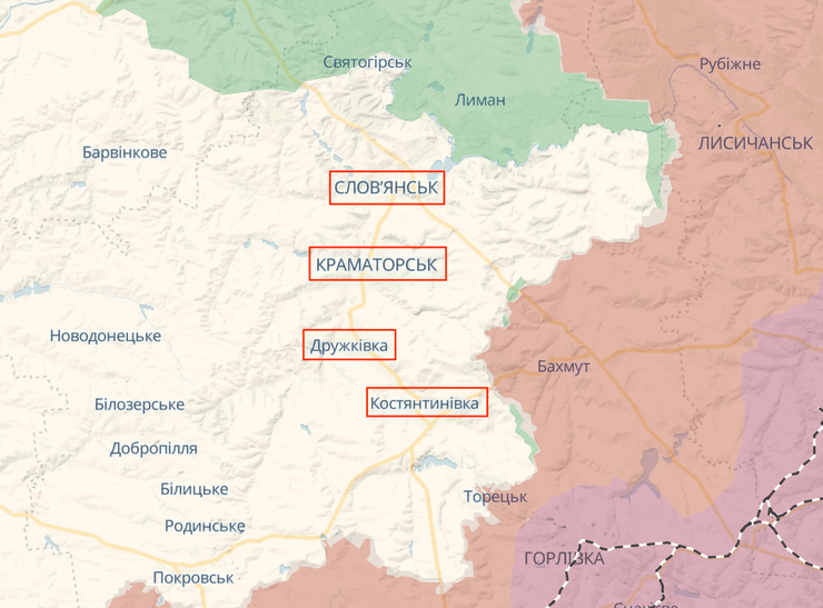 Краматорск, Славянск, Дружковка, Константиновка, Донбасс, Донецкая область, карта боевых действий
