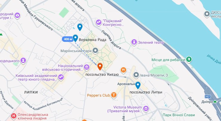 карта з взаємним розташуванням посольства Києва та будівлі Ради
