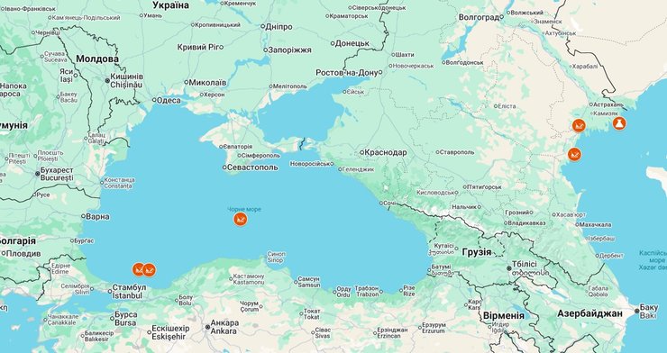 Точки влучань по об'єктах РФ у Чорному та Каспійському морях