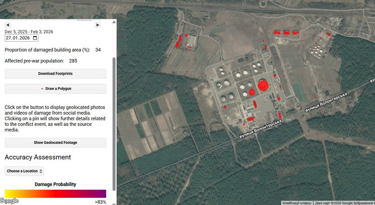 Скриншот карты с данными о возможной степени разрушений после 27 января 2026 года