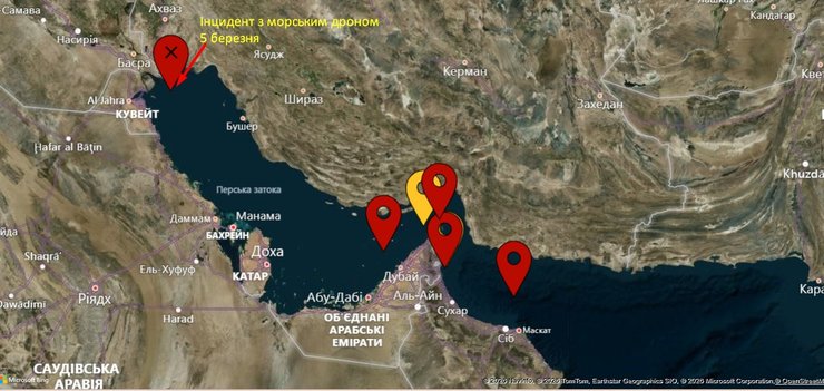 Карта атак на танкери 1-4 березня