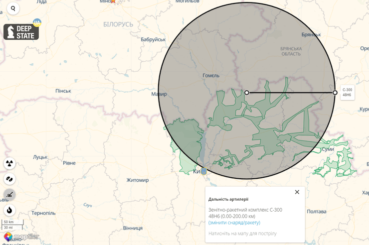 Радіус ураження ракети 48Н6 із Брянської області.