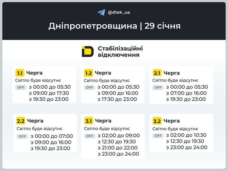 Днепропетровщина графики света 29 января Днепропетровская область отключение свет 29 января