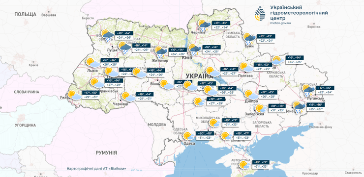 Прогноз погоды, 25 июня, карта