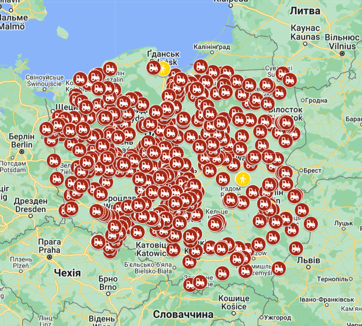 Карта Польши, протесты в Польше, протесты фермеров, протесты польских фермеров