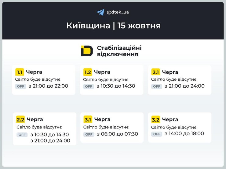 Графік відключення світла у Київській області 15 жовтня