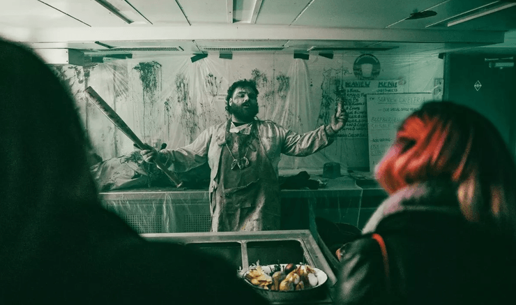 Актер в окровавленном фартуке с битой на борту корабля-призрака во время хэллоуинского шоу