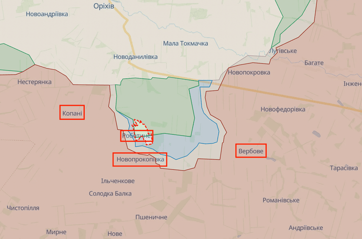карта боевых действий, Работино, Новопрокоповка, Копани, Вербовое