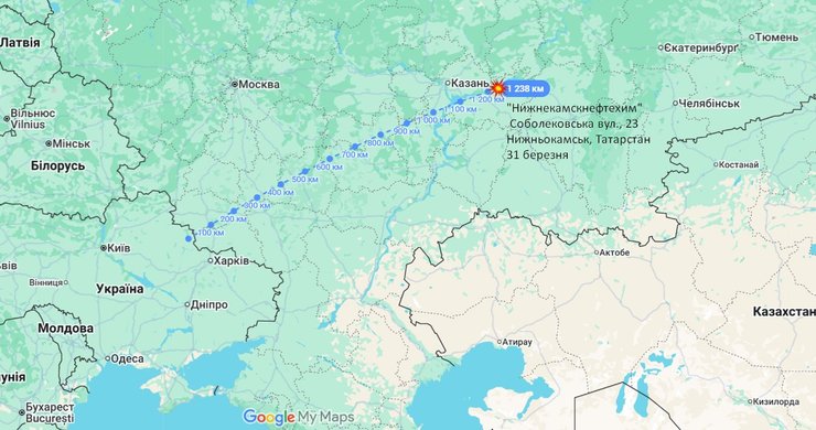 Карта з місцерозташуванням заводу Нижнекамскнефтехим у Татарстані