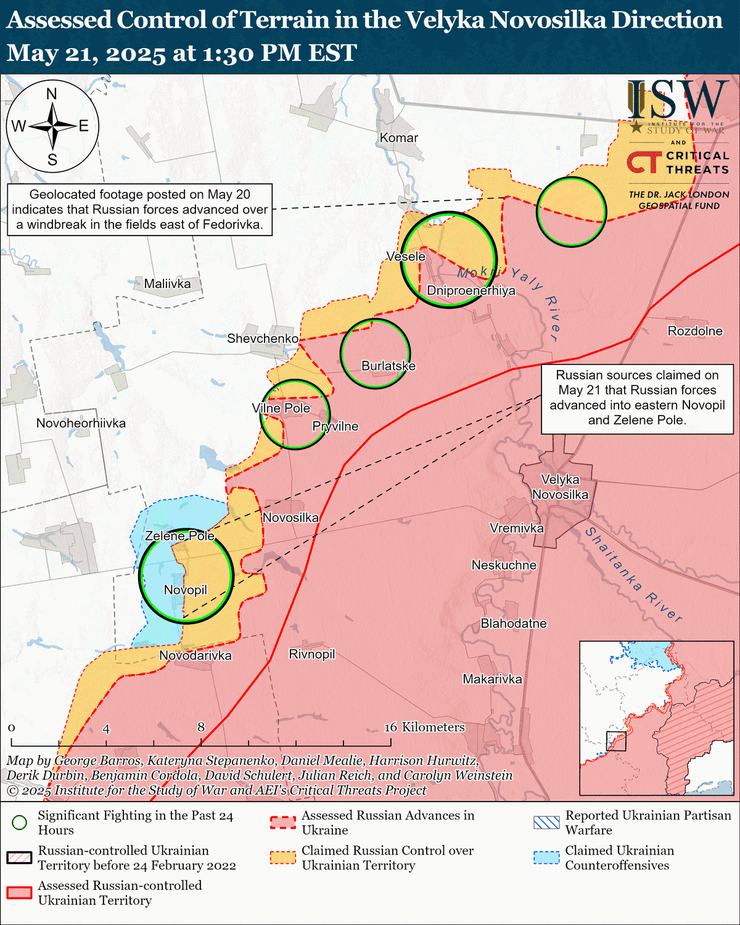 Наступление ВС РФ возле Великой Новоселки по карте ISW 21 мая