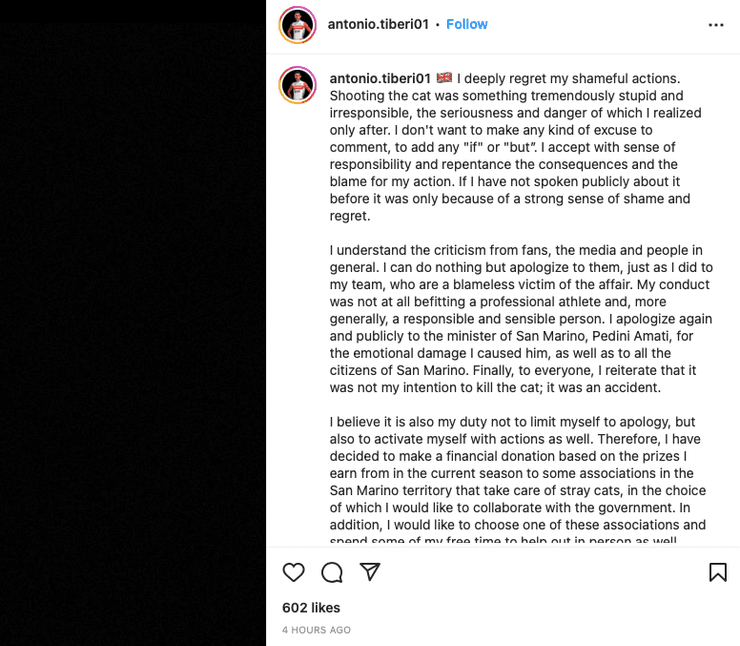 Извинения велогонщика за убийство кота