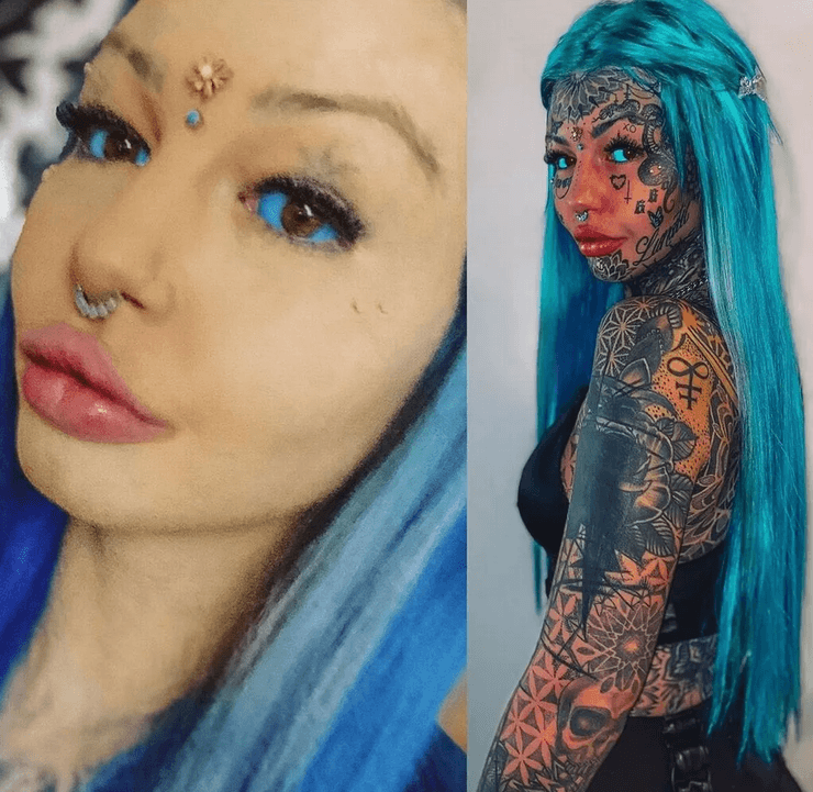 Модель Эмбер Люк с макияжем и почти без видимых татуировок на лице