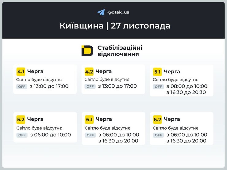 Графік відключень електроенергії в Київській області на 27 листопада
