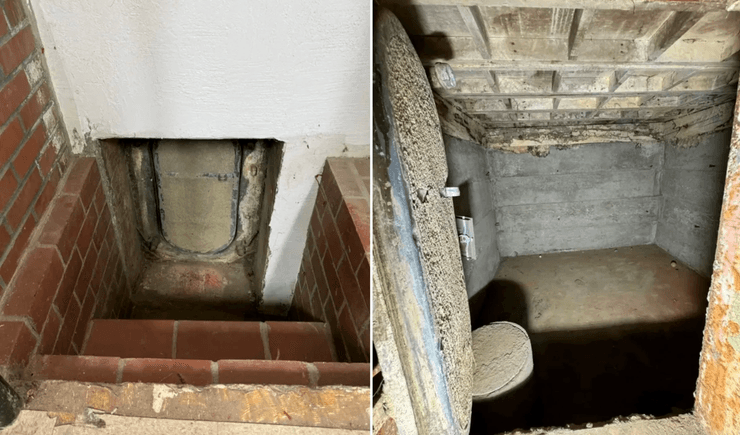 Вхід у приховане бомбосховище під житловим будинком у Каліфорнії, захований під сходами в підвалі