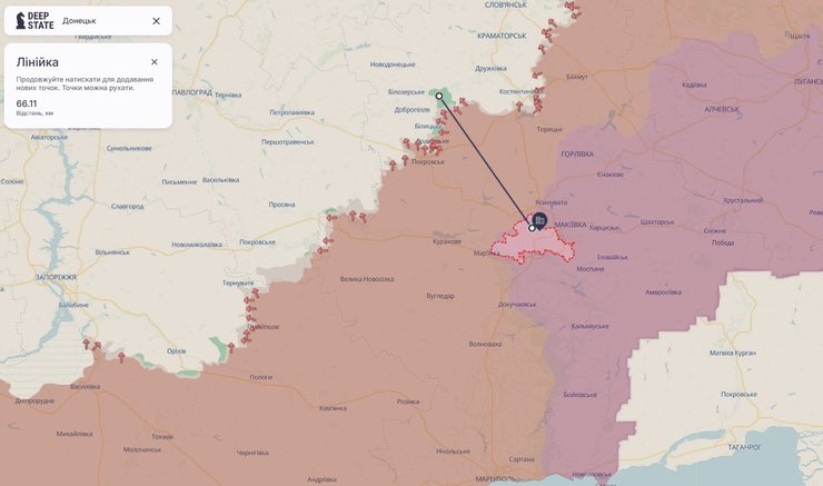 Карта с расстоянием до Донецка, которое должен был пролететь дрон Азова