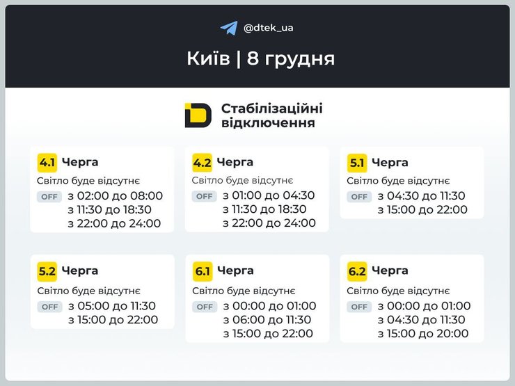 Графік відключення світла на 8 грудня