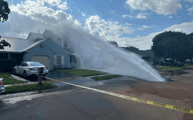Прорыв водопровода, сильный поток, вода хлынула на дом, жилье, затопило дом, думали что пожар, случайно задели водопровод