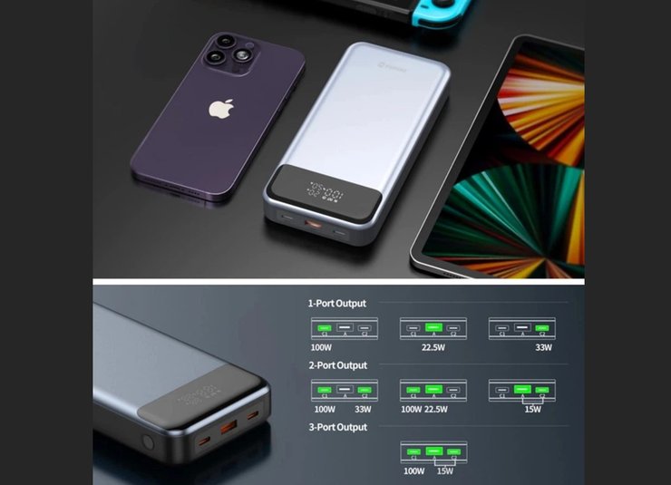 повербанк Swissten Power Bank For Laptop 30000 mAh 133W PD Grey