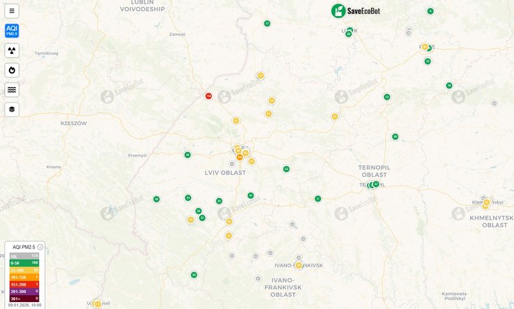 Карта загрязнения воздуха, Львов и Львовская область, 8 января