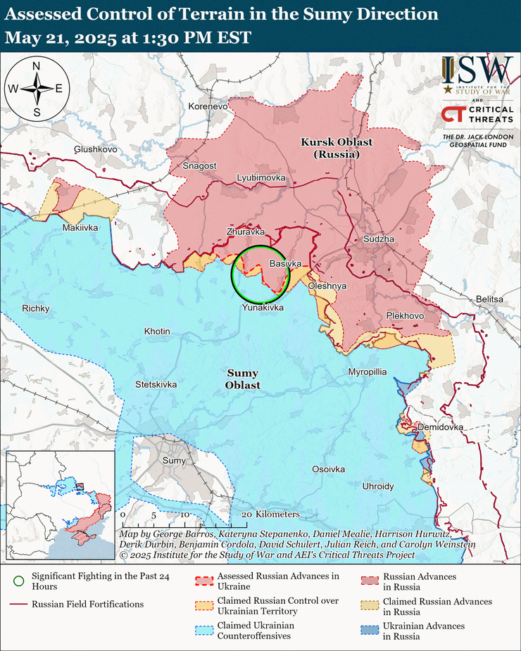 Наступ РФ в Сумській області станом на 21 травня згідно з картами ISW
