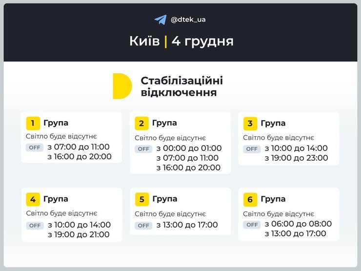 График отключения света Киев 4 декабря