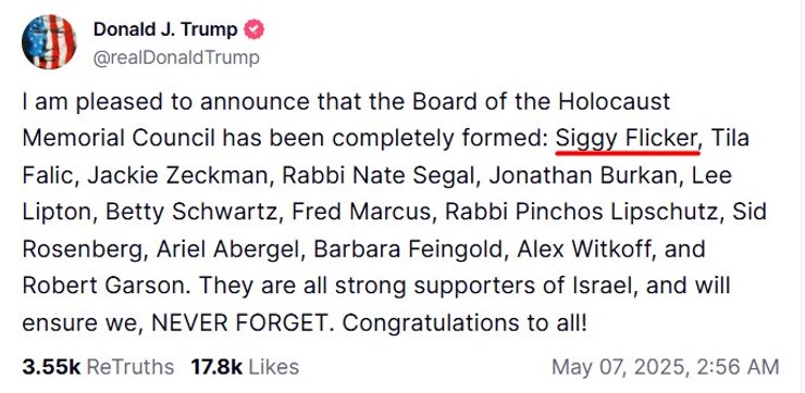 Назначение Трампа, Музей Холокоста, скандал, Сигалит Фликер