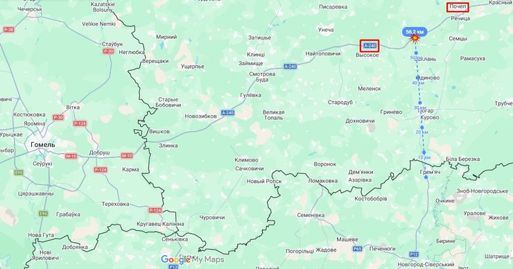 карта з трасою А-240, на якій стався інцидент з автобусом 17 червня