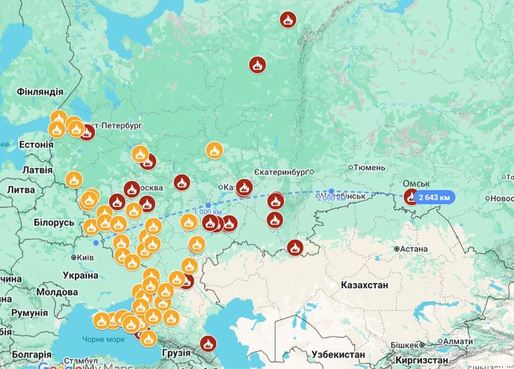 Скриншот карти з діпстрайками по НПЗ РФ 2024-2026