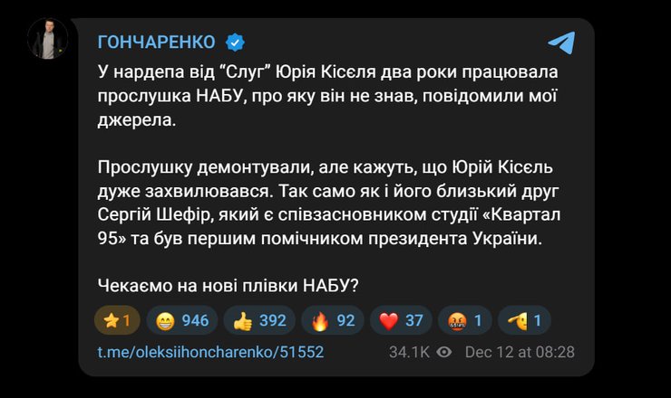 Скриншот публикации Алексея Гончаренко в Telegram