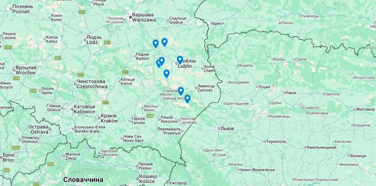 карта с военными объектами в Люблинском и Подкарпатском воєводствах