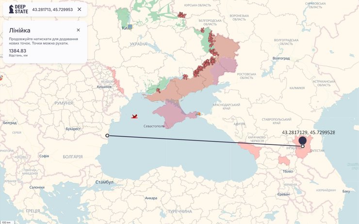 Карта з відсанню, яку мав пролетіти дрон для влучання в Грозному 27 листопада
