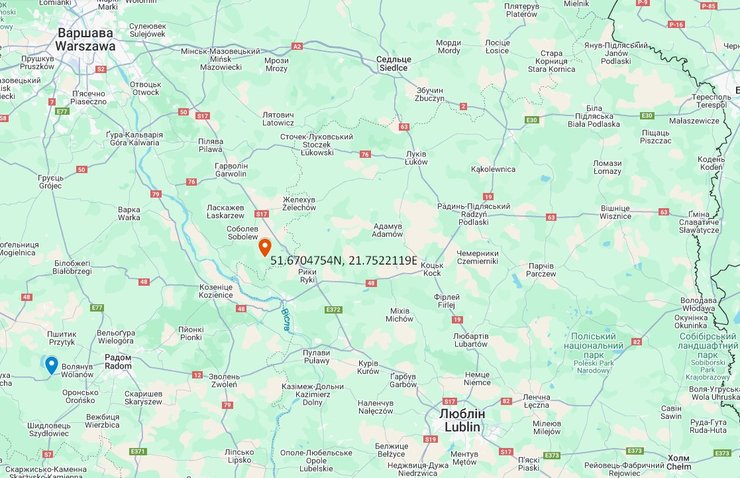 Карта з регіоном, в якому пошкодили залізничну колію у Польщі 16 листопада