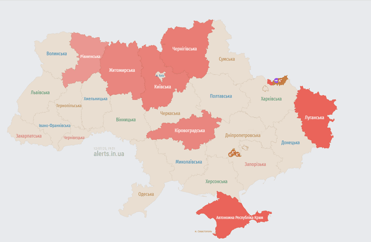 Воздушная тревога в Украине по состоянию на 19 часов вечера 12 июля