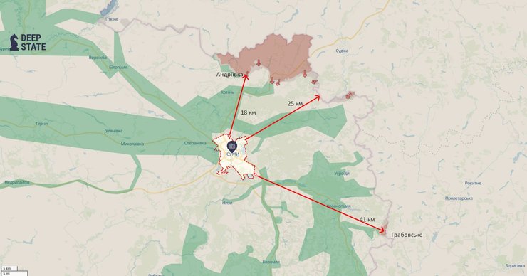 Карта с расстоянием от Сум до фронта и границы