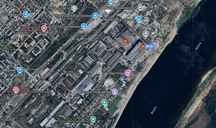карта с точками попадания "Фламинго" 27 июня в Волгограде по маршруту "Титан-Баррикады"