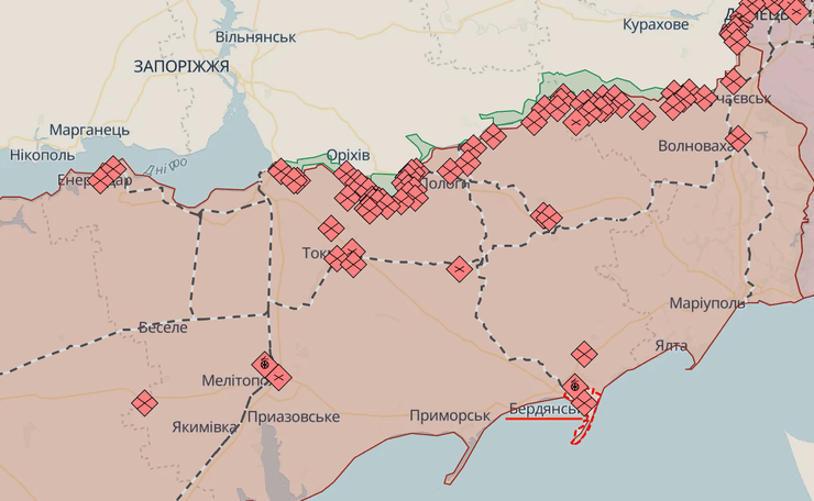 Бердянськ, Бердянськ на карті, Запорізька область, карта бойових дій