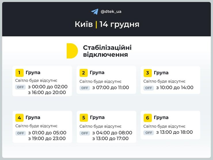 Графіки відключень, 14 грудня, ДТЕК, Київ