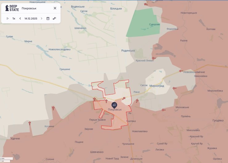 Карта боїв у Покровську та Мирнограді станом на 14 грудня, DeepState