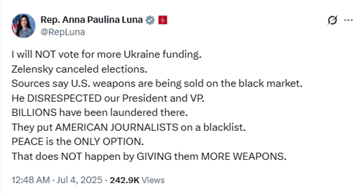 Республиканка обвинила Украину в продаже помощи США на черном рынке