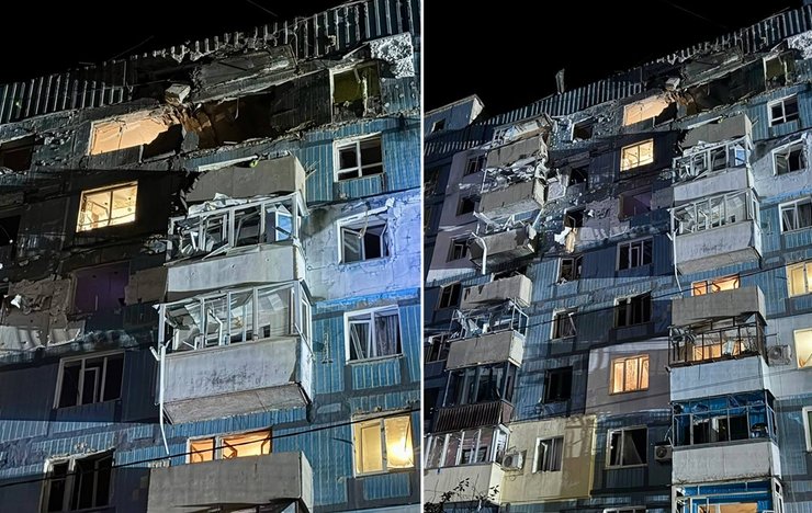 Наслідки влучання російського ударного дрона у дев’ятиповерховий житловий будинок у Дніпрі
