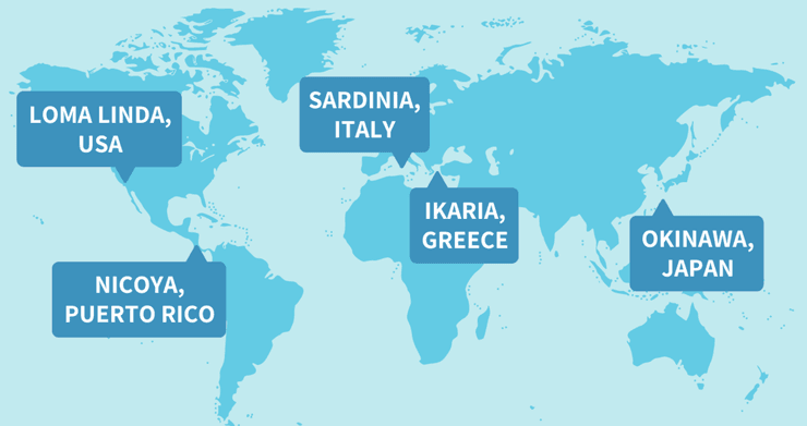 Карта мира с отмеченными "голубыми зонами": Сардиния, Икария, Окинава, Никоя и Лома-Линда
